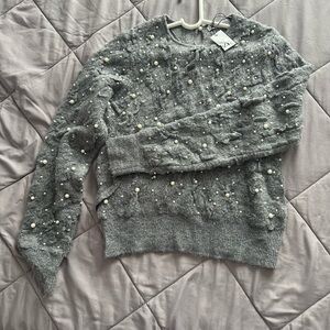 Gray Sweater with Pearl Accents Zara